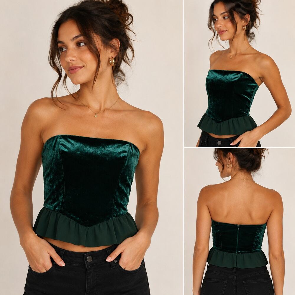 NWT Haute Monde Emerald Green Velvet Strapless Peplum Crop Top Size M